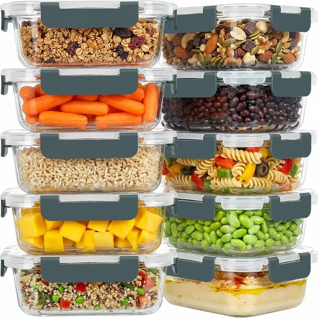 KOMUEE 10-Pack 30oz Glass Meal Prep Containers with gray airtight lids