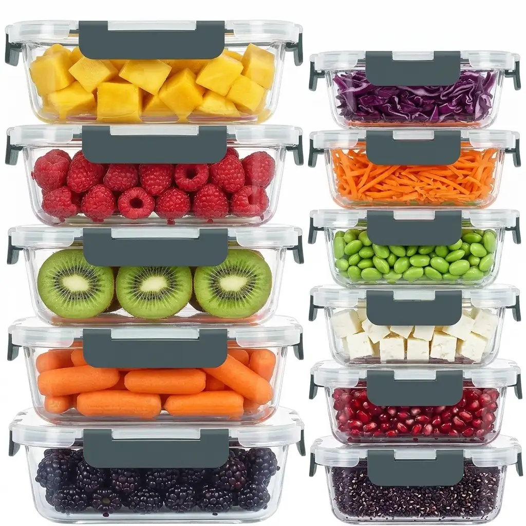 KOMUEE 10-Pack Mixed Size Glass Food Storage Containers 34oz and 13oz