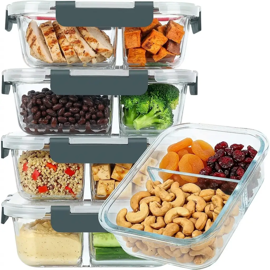 KOMUEE 5-Pack 36oz Glass Meal Prep Containers with 3 compartments